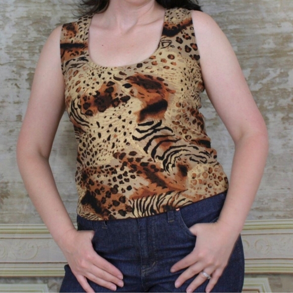 VTG Y2K Tank Top Animal Print Shell Blouse Brown Fitted 90s 1990s 2000s Vintage - Picture 9 of 9